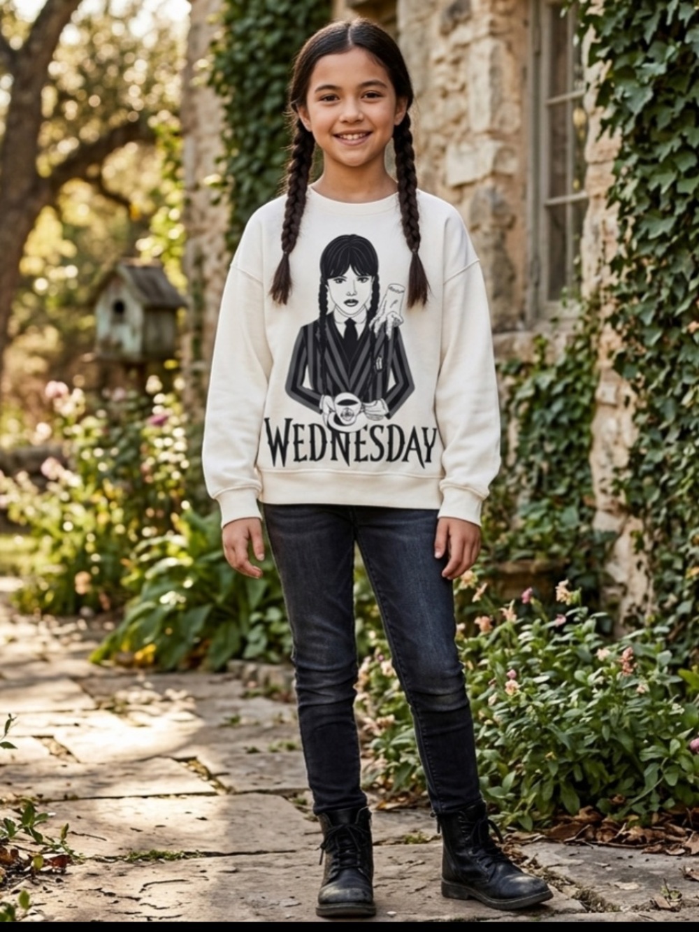 Zara Wednesday White Graphic crewneck Sweatshirt kids size 11-12